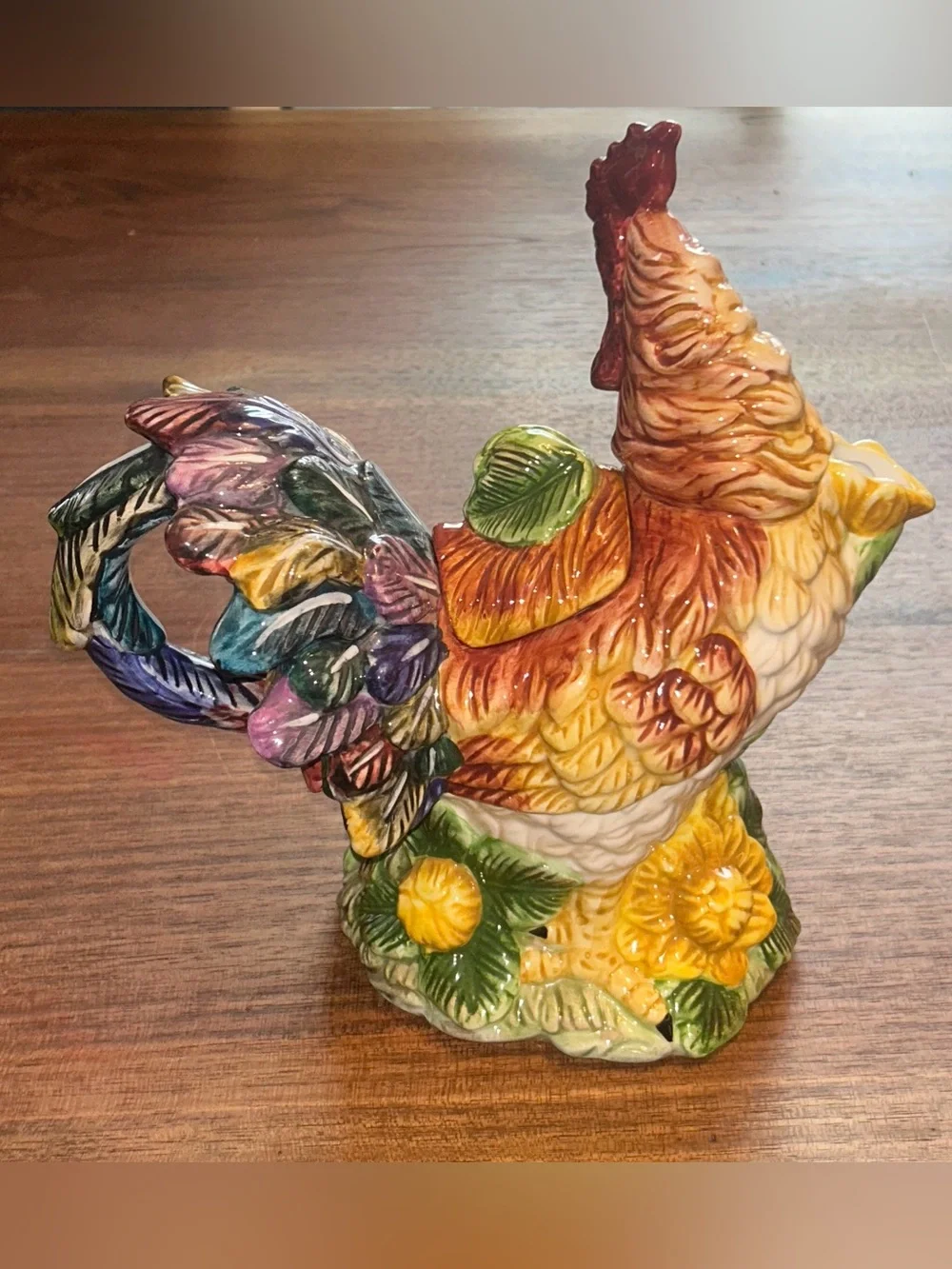 Ceramic Rooster chicken Pitcher Nestled in Sunflowers Ladybugs Colorful 10.5